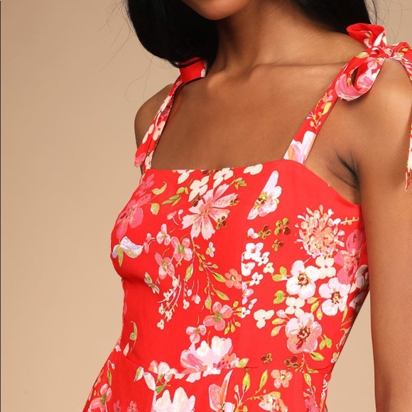 Red Floral Print Tie-Strap Jumpsuit - Picture 3 of 4
